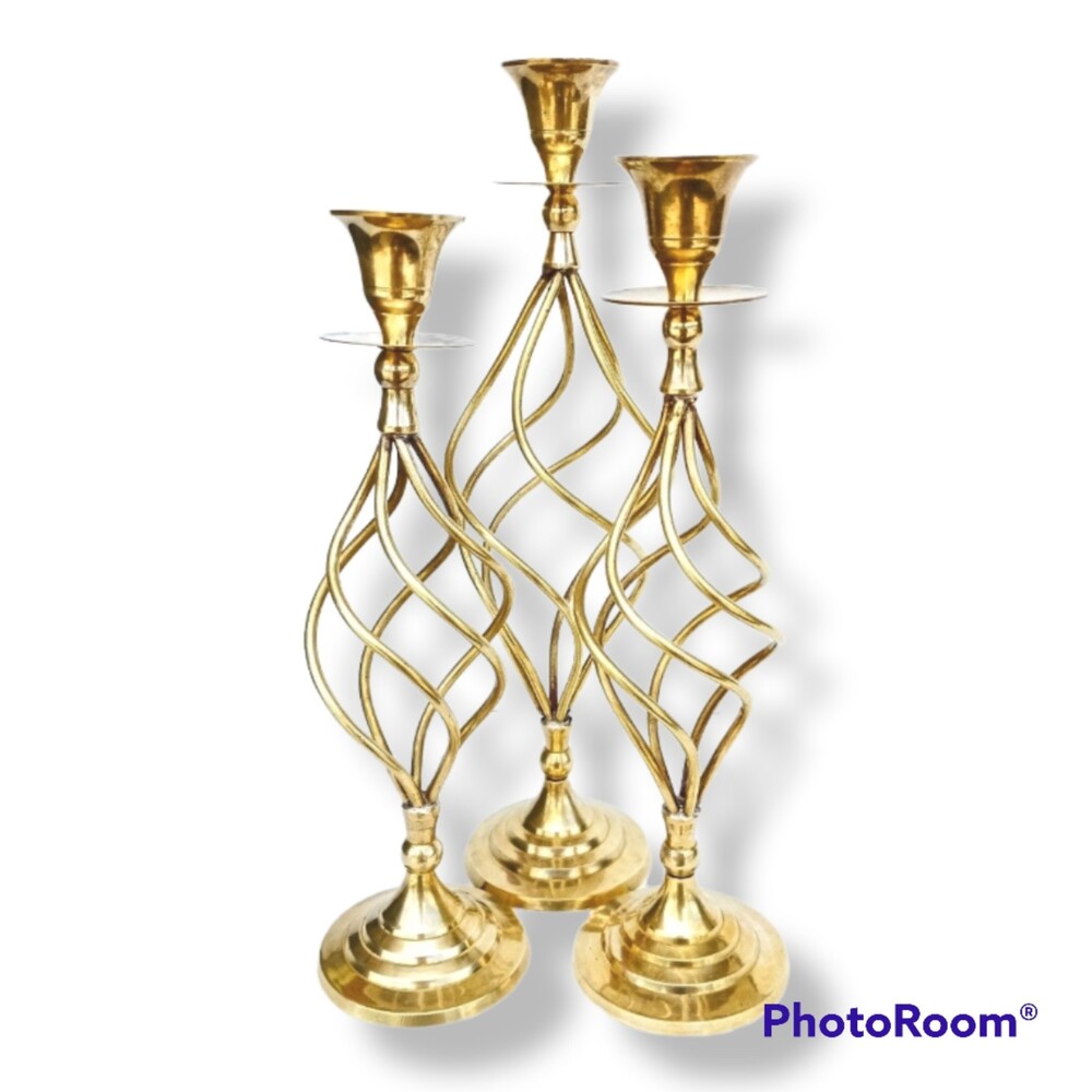Vtg Open Spiral Brass Candlesticks-Lot Of 3-MCM-Shabby Chic-Hollywood Regency